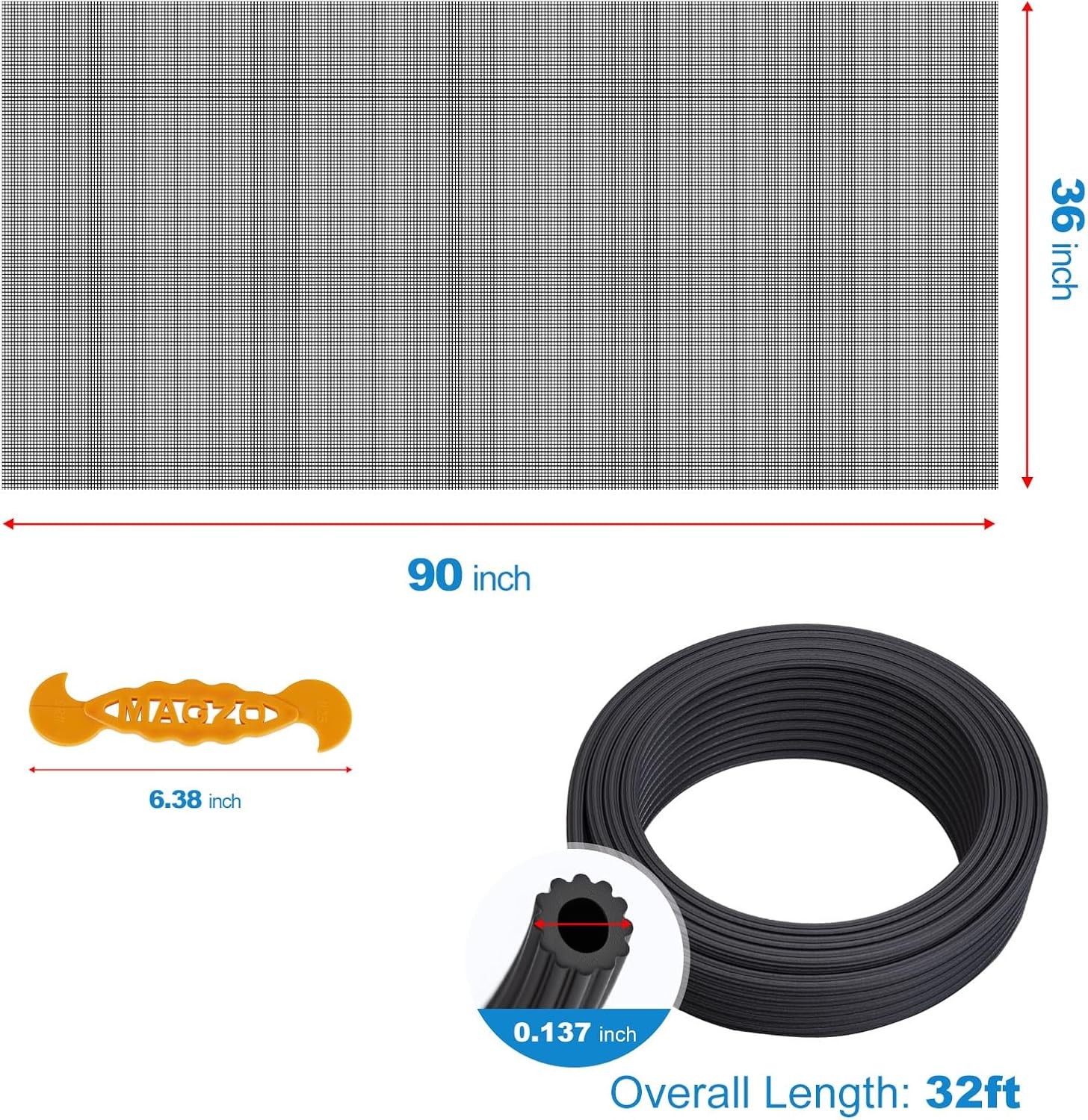 Window Screen Replacement Kit 36″W × 90″L Durable Polyester Adjustable Screen