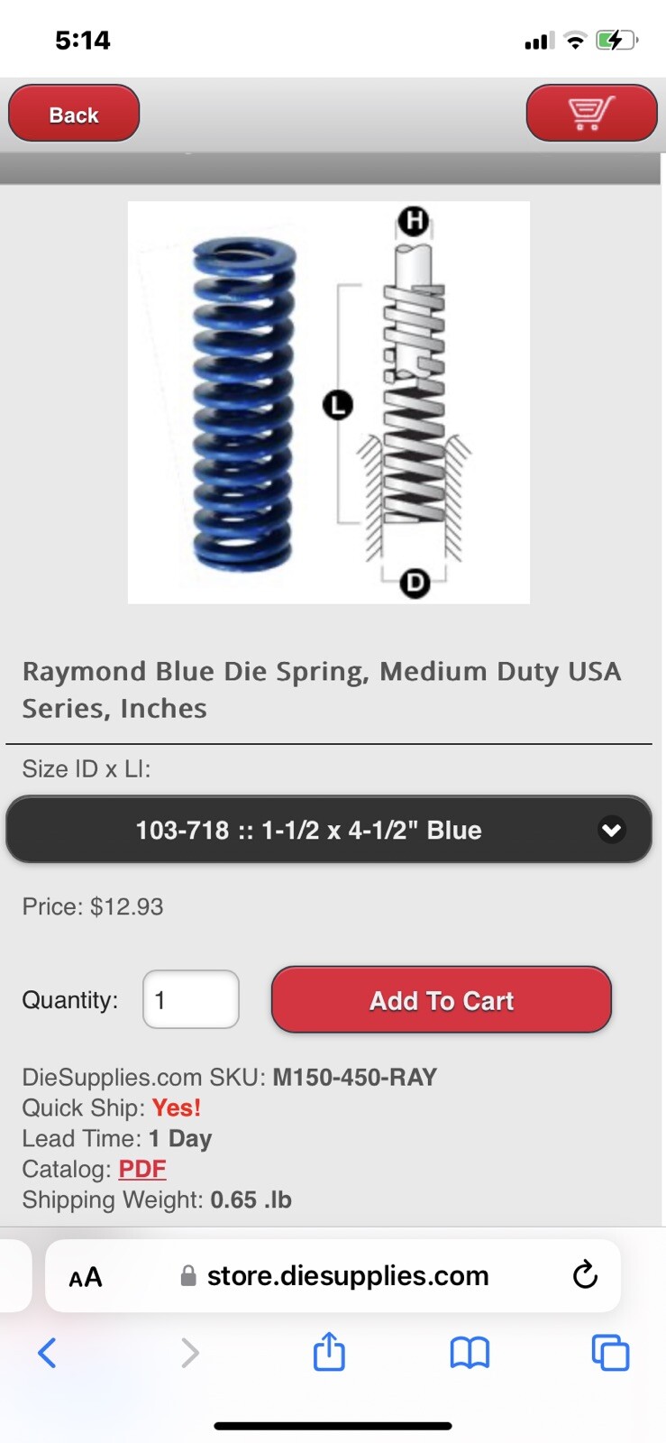 (Qty-2) 1-1/2 X 4-1/2 Die Spring 40MM x 115mm Medium Duty Blue Raymond 103718