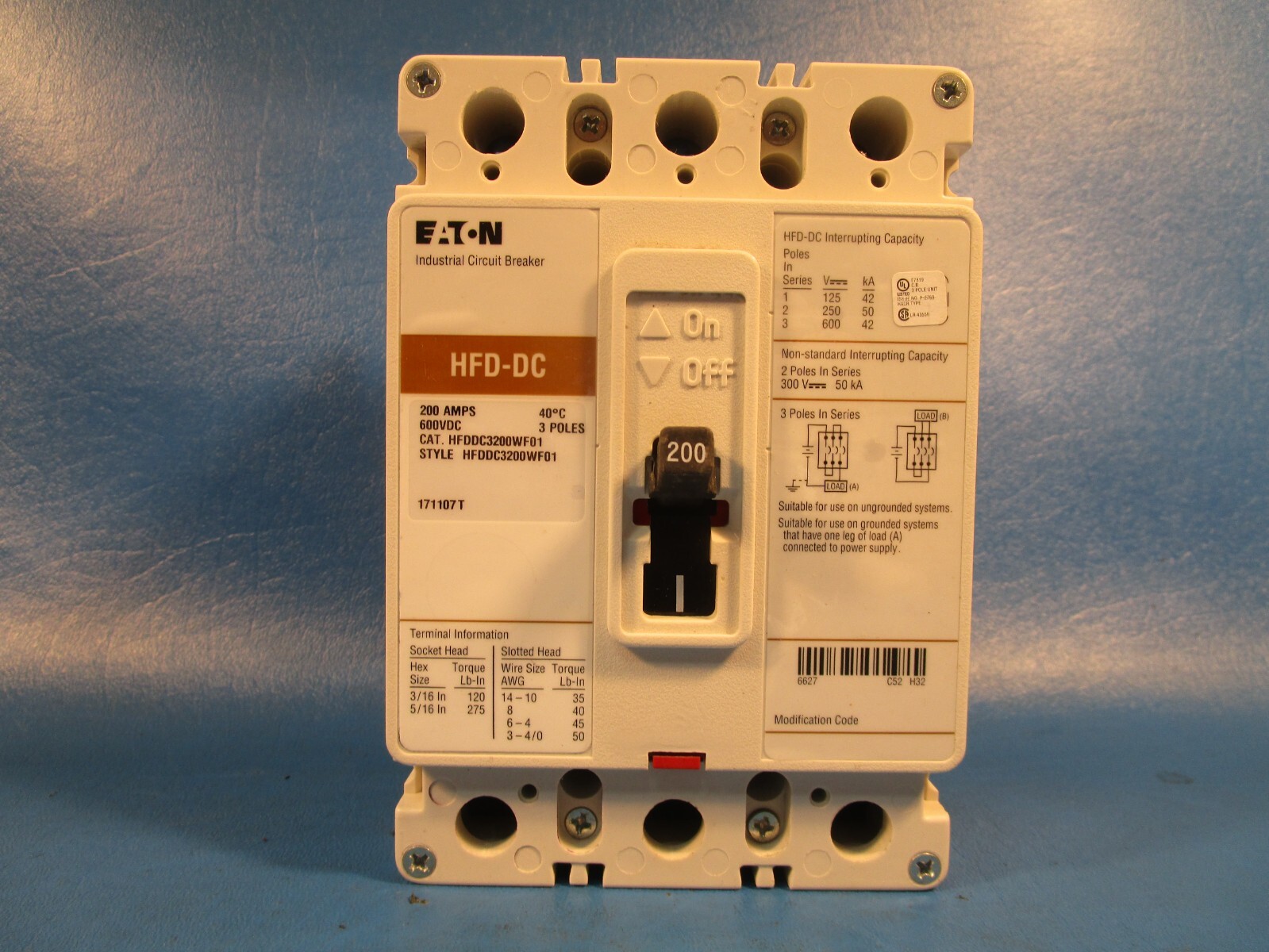 Eaton HFDDC3200WF01, Molded Case Breakers (MCCBs) HFD 3P 200A 600V 50/60Hz 3Ph F