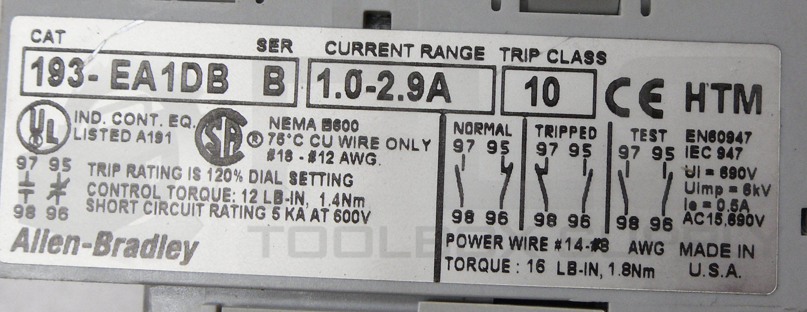 ALLEN BRADLEY 193-EA1DB /B OVERLOAD RELAY W/ 100-C09*10 /A CONTACTOR W/ 100-F /B