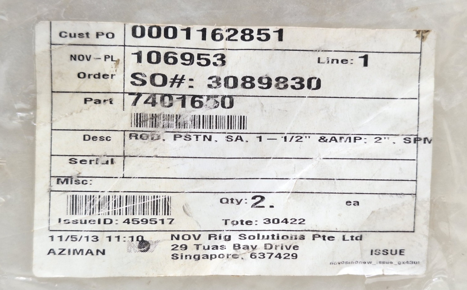 NOV 7401650 ROD, PISTON, 1-1/2″ SPM VALVE SHAFFER LOT OF 2 PCS NEW FAST SHIPPING