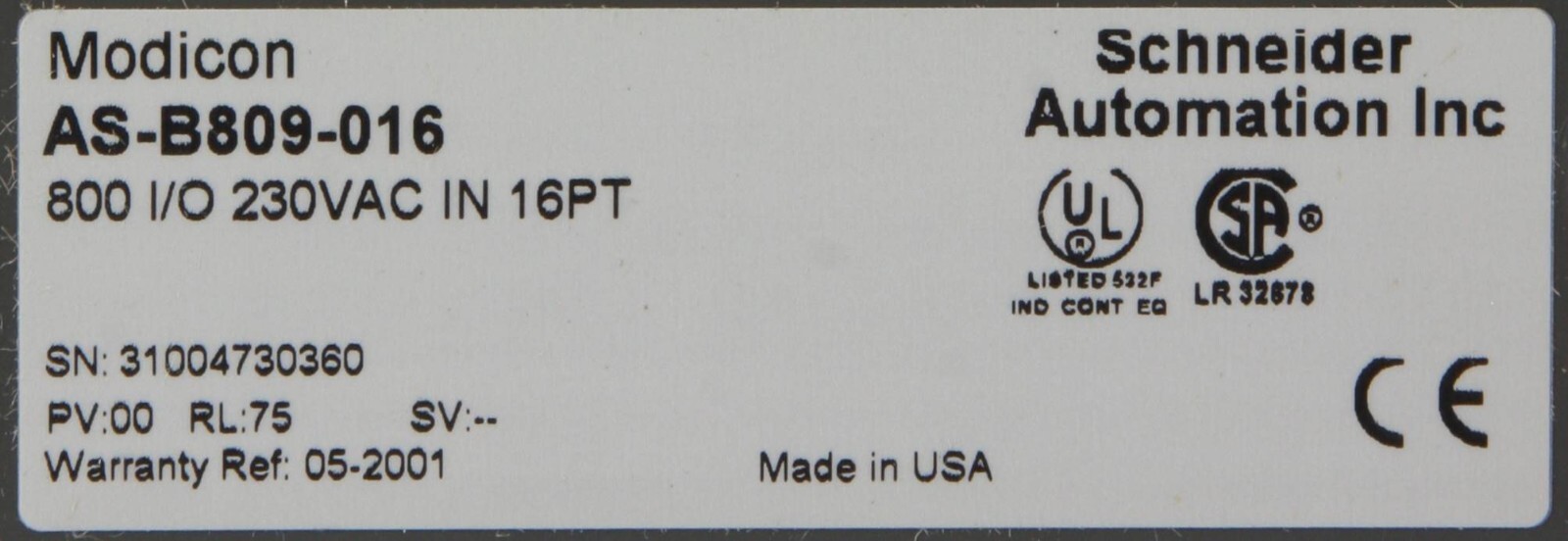 *New* Schneider Modicon Plc Module AS-B809-016 800 I/O 230VAC IN 16PT