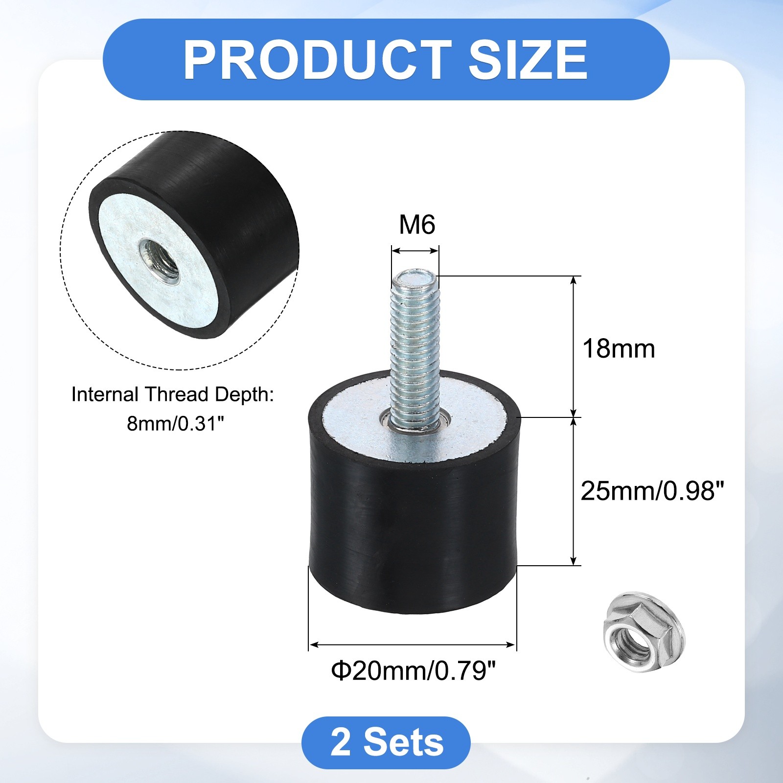 2Pcs M6x18mm Rubber Mounts, 24x20mm(DxH) Rubber Shock Absorber Mount with Nuts