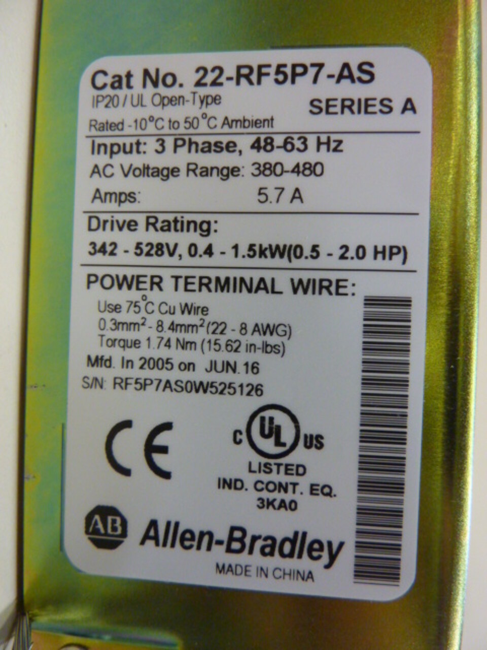ALLEN BRADLEY Line Filter 22-RF5P7-AS SER A New #80436