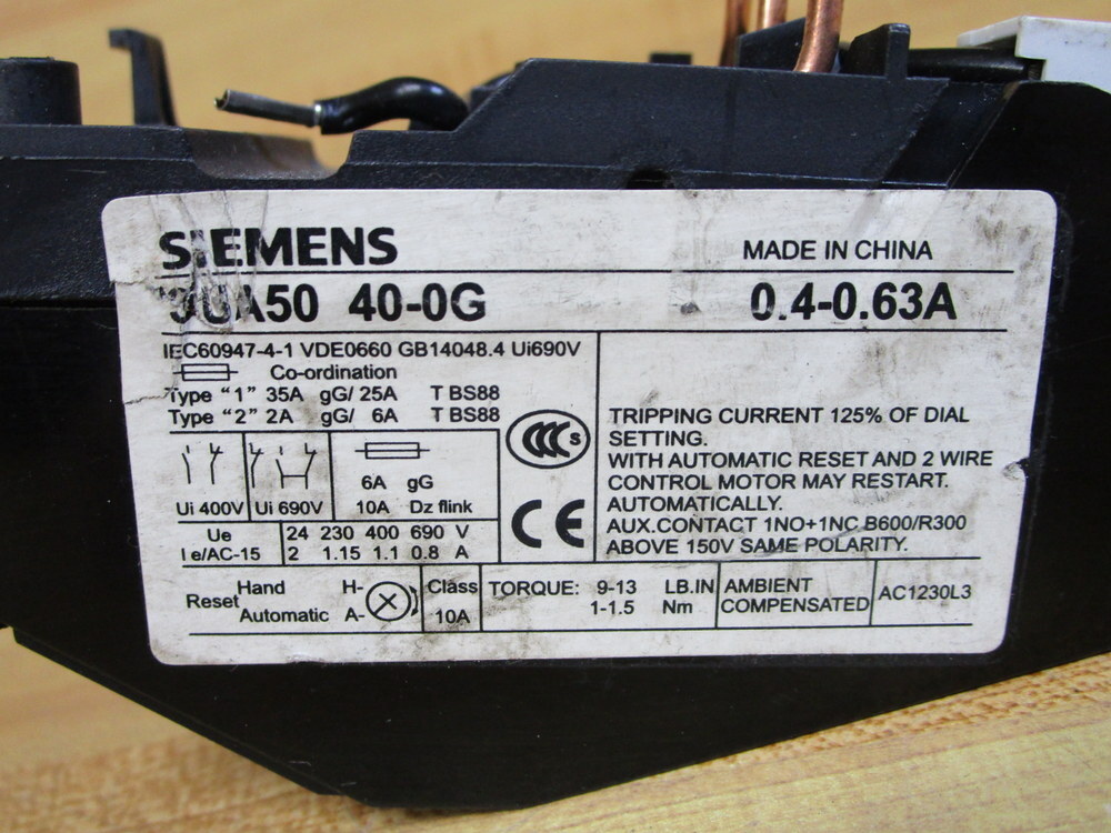 Siemens 3UA5040-0G Thermal Overload Relay 3UA50400G