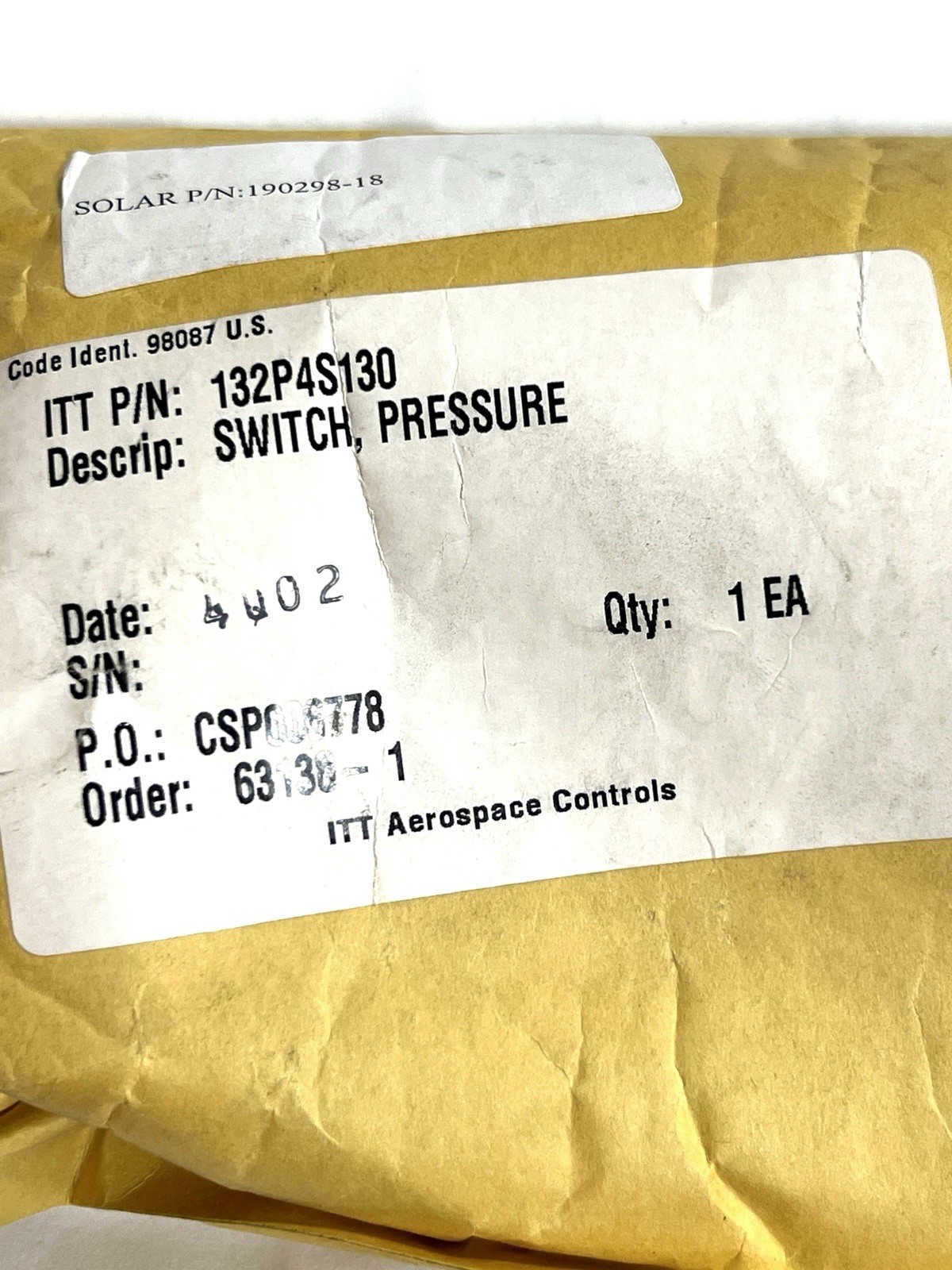 NEW Solar Turbines Pressure Switch 190298-18 , Neo-Dyn 132P4S130 w/ Manual
