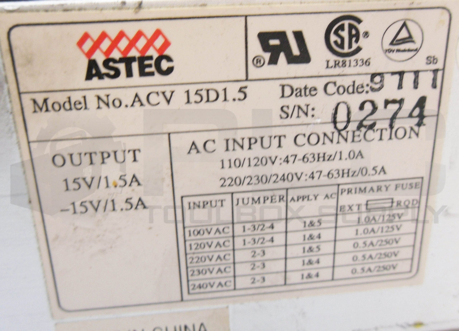 ASTEC ACV 15D1.5 POWER SUPPLY 15V 1.5A 47-63HZ