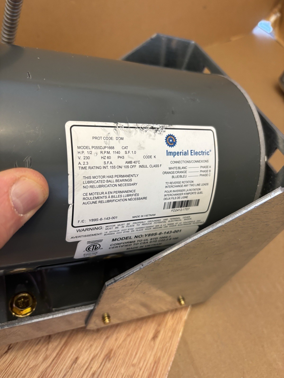 IMPERIAL ELECTRIC P055DJP1668 MOTOR 1/2-HP 1140-RPM 120V 3-PHASE Y89S-6-143-001