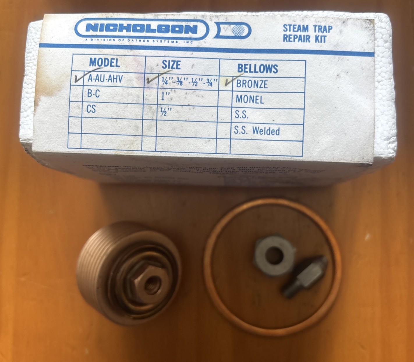 Nicholson Steam Trap Repair Kit-A-AU-AHV-1/4”-3/8”-1/2”-3/4”-Bellows Bronze