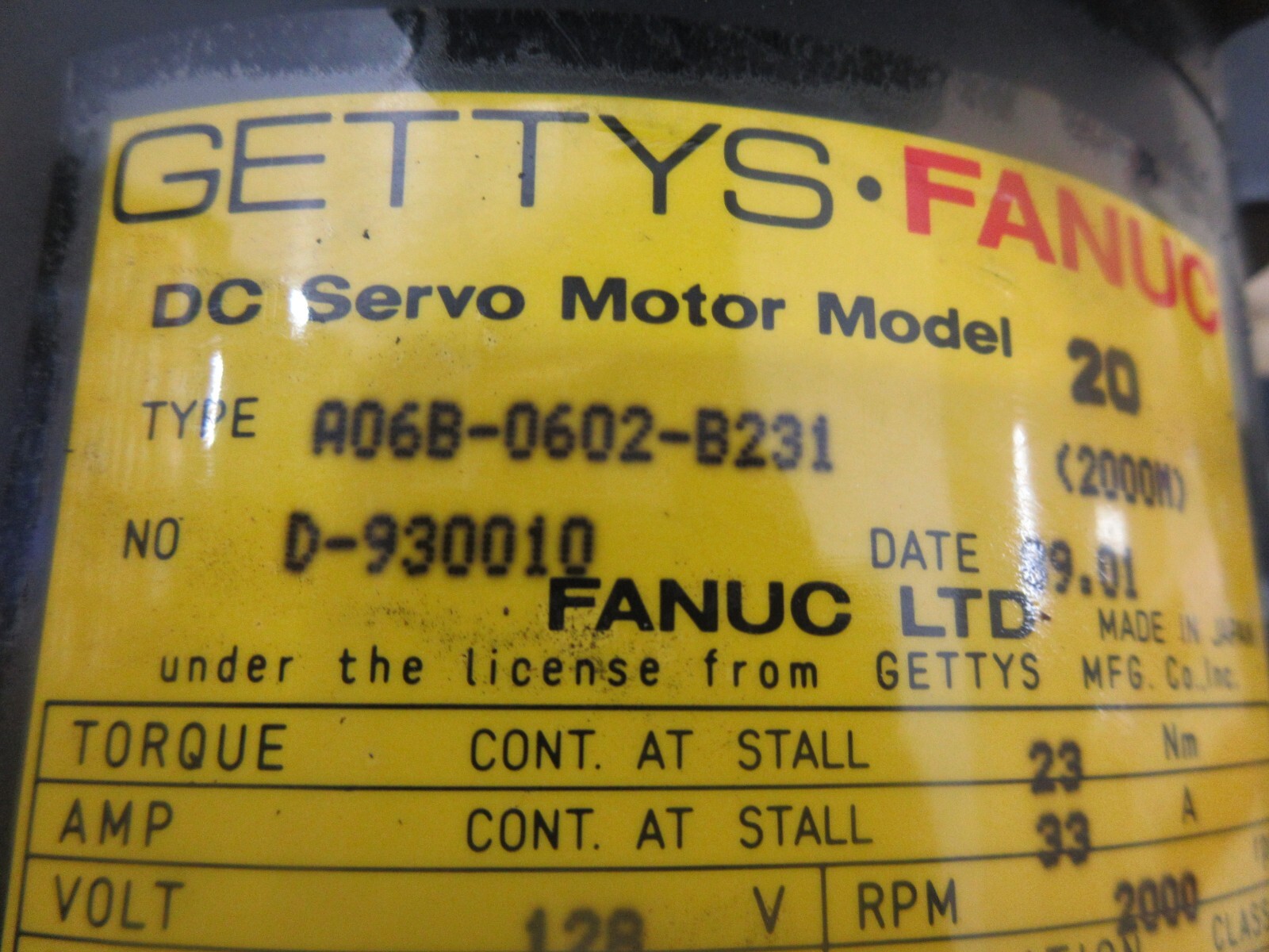 *SPECIAL PRICE* GETTYS FANUC DC SERVO MOTOR MODEL 20 A06B-0602-B231 D-930010