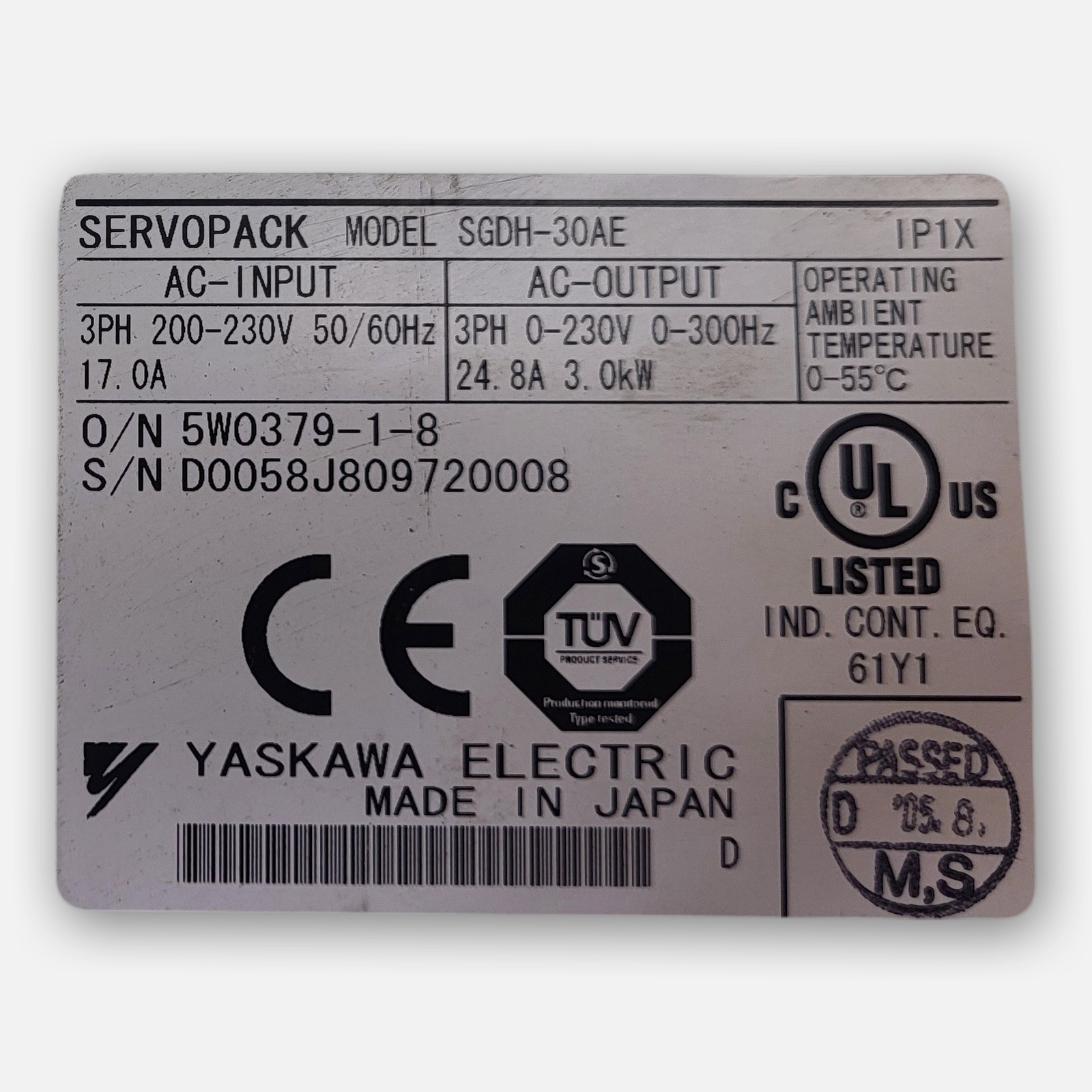 YASKAWA SGDH-30AE SERVOPACK 200-230VAC 3PH 50/60HZ 17.0A *READ*