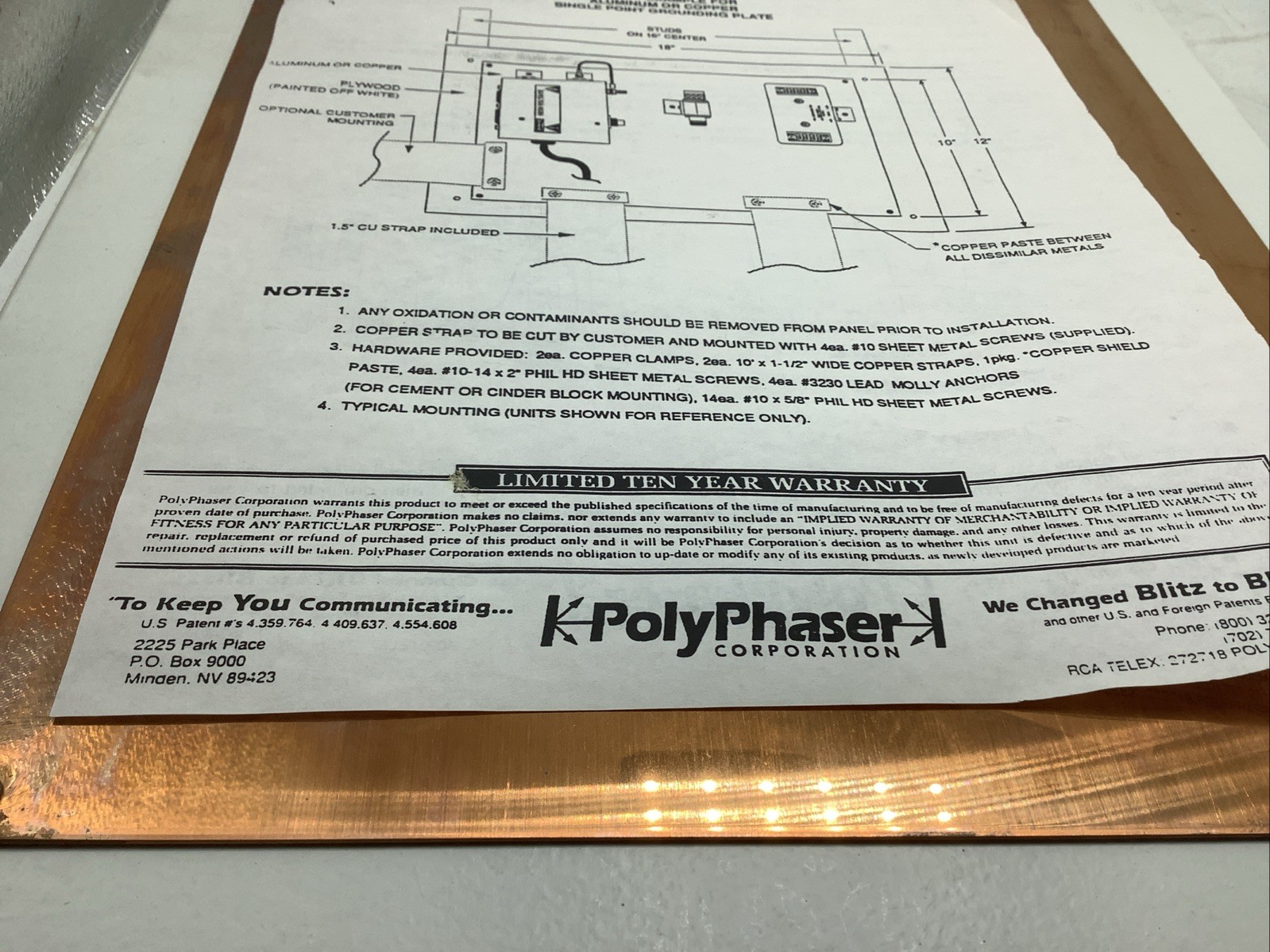 Polyphaser CU-SPGP Copper Grounding Plate Kit New Free Shipping