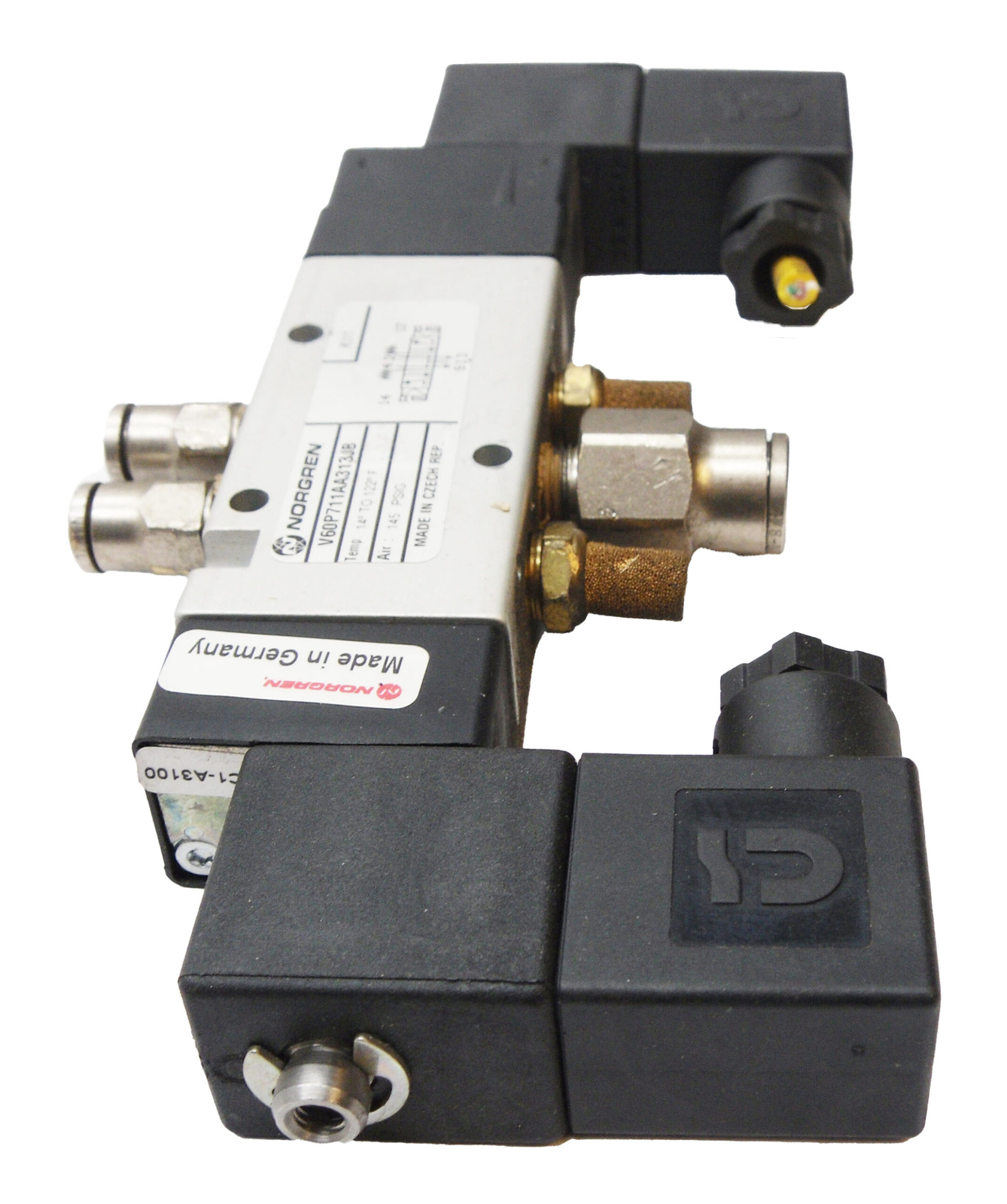 NORGREN V60P711AA313JB SOLENOID VALVE 145PSIG W/ (2) 13J COIL 24VDC 0.08A 2.W