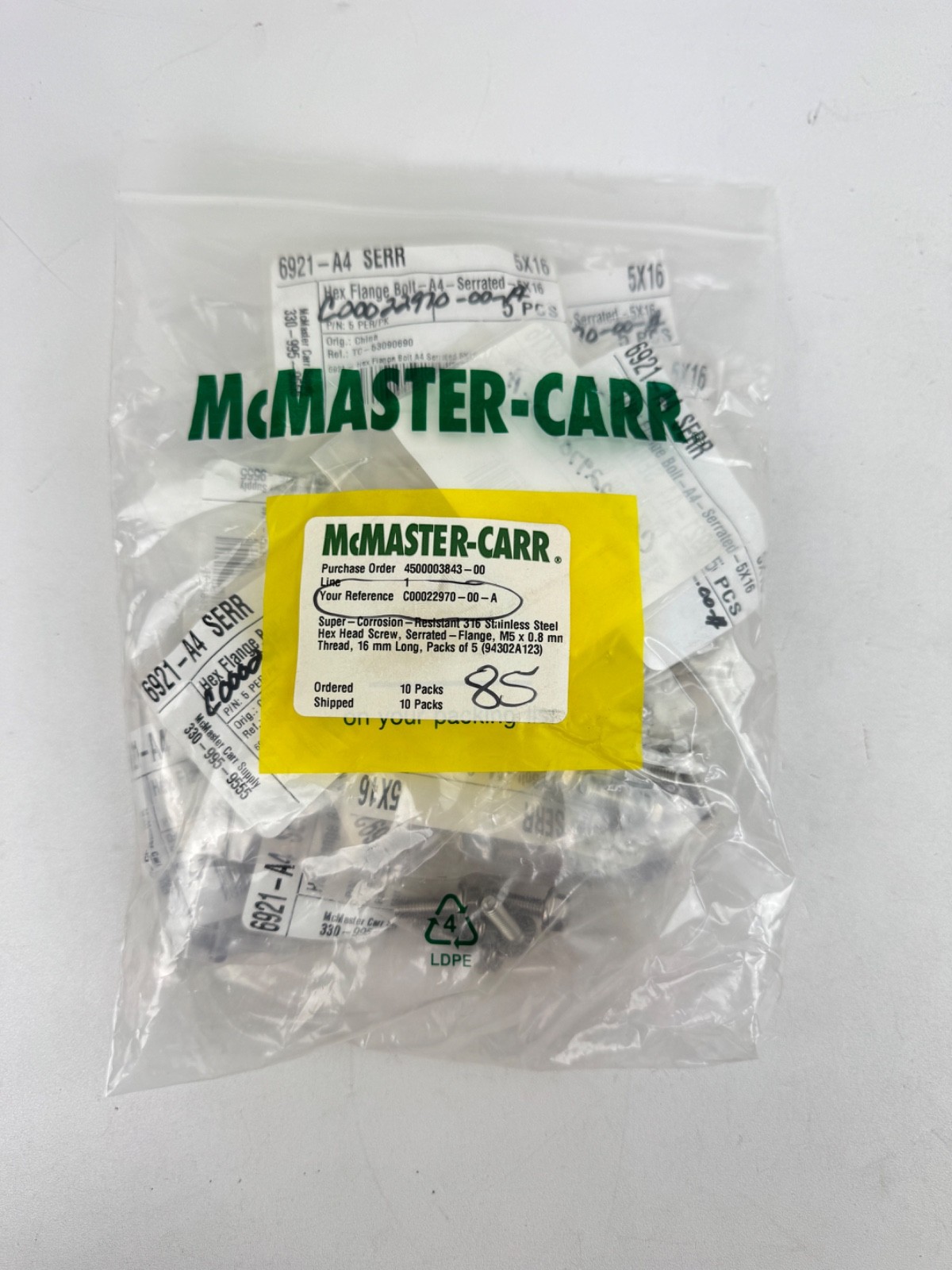x(90) McMaster-Carr 6921-A4 SERR Hex Flange Bolt-A4-Serrated-5/16