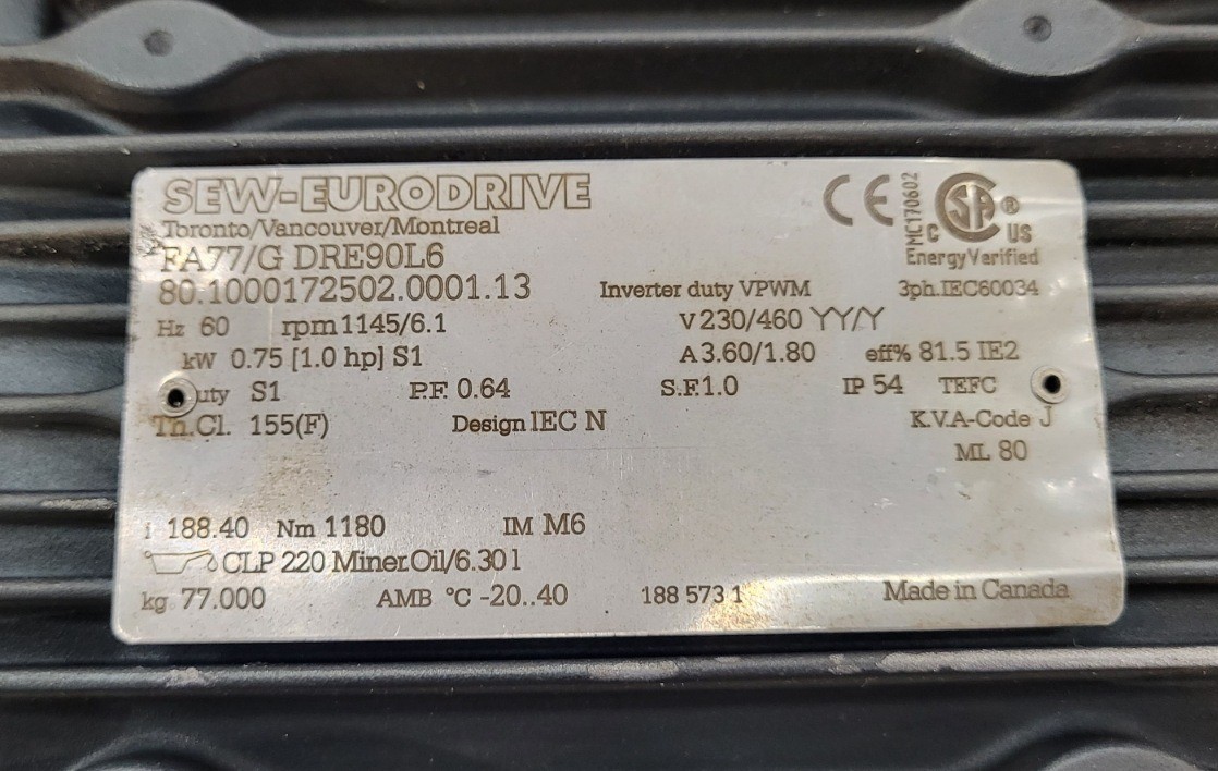 SEW EURODRIVE FA77/GDRE90L6 GEAR MOTOR 1HP 0.75kW 1180RPM RATIO: 188.40
