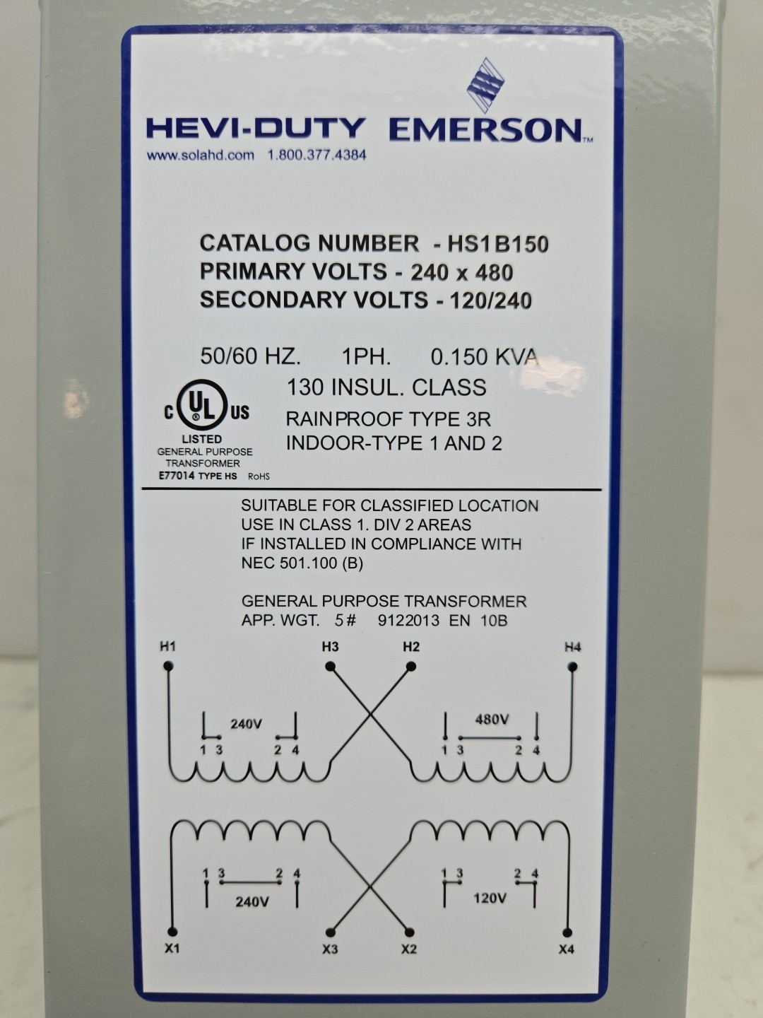 Emerson SolaHD Hevi-Duty HS1B150 0.150KVA Transformer 240X480-120/240 1Ph New