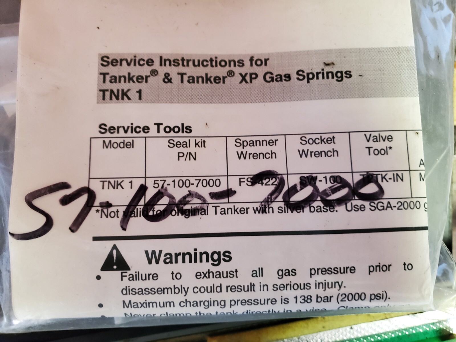 Hyson Seal Kit for TNK1 Nitrogen Gas Spring, 57-100-7000