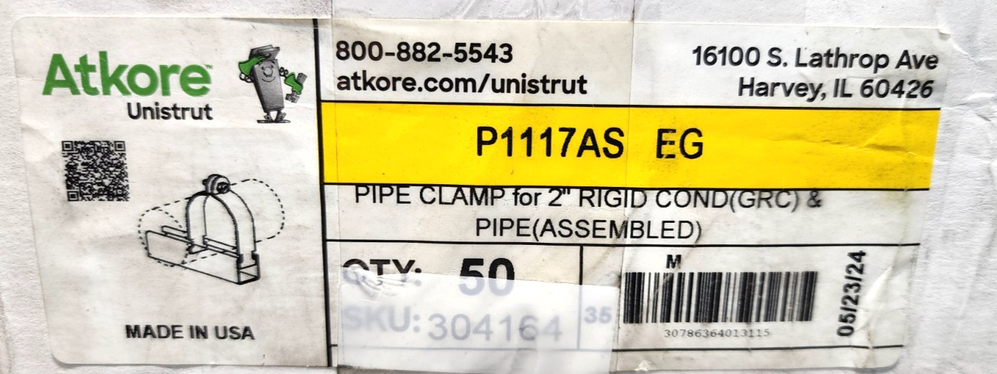 ATKORE P1117AS EG UNISTRUT PIPE CLAMP FOR 2″ (Qty 50)