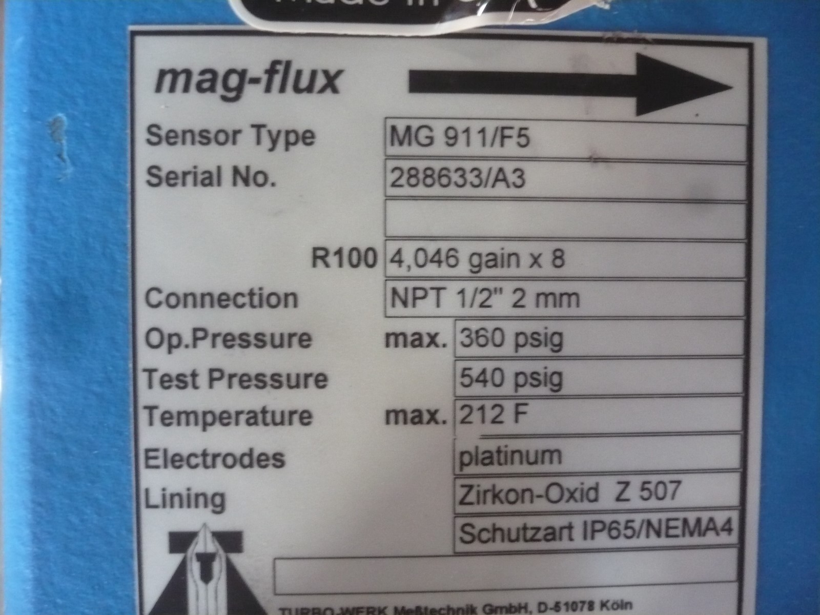 New Mag Flux MG 911/F5 Turbo Flow Sensor