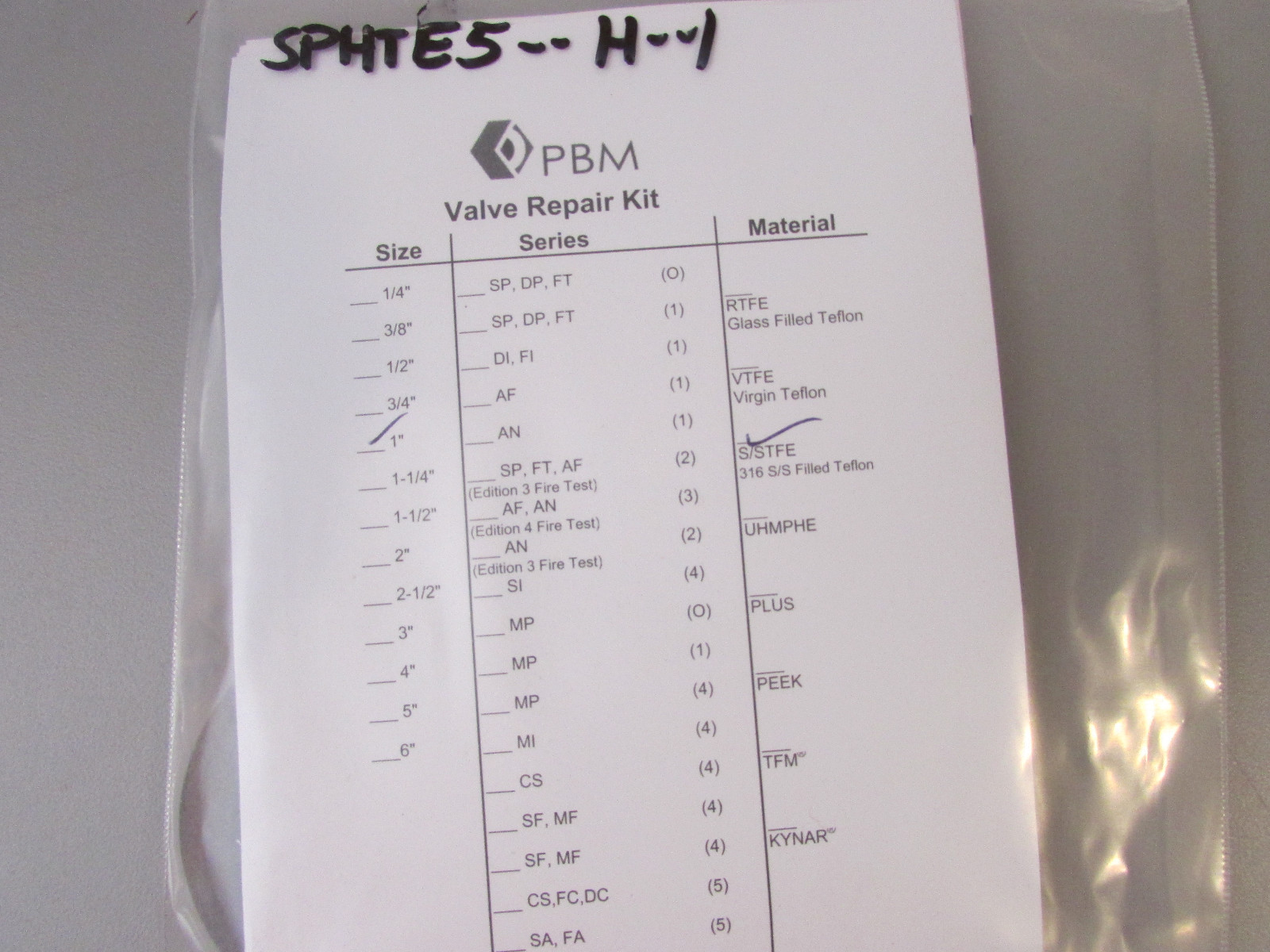 PBM Valve Repair Kit 1” SPHTE5-H-1 Material: S/TFE 316 S/S Filled Teflon.