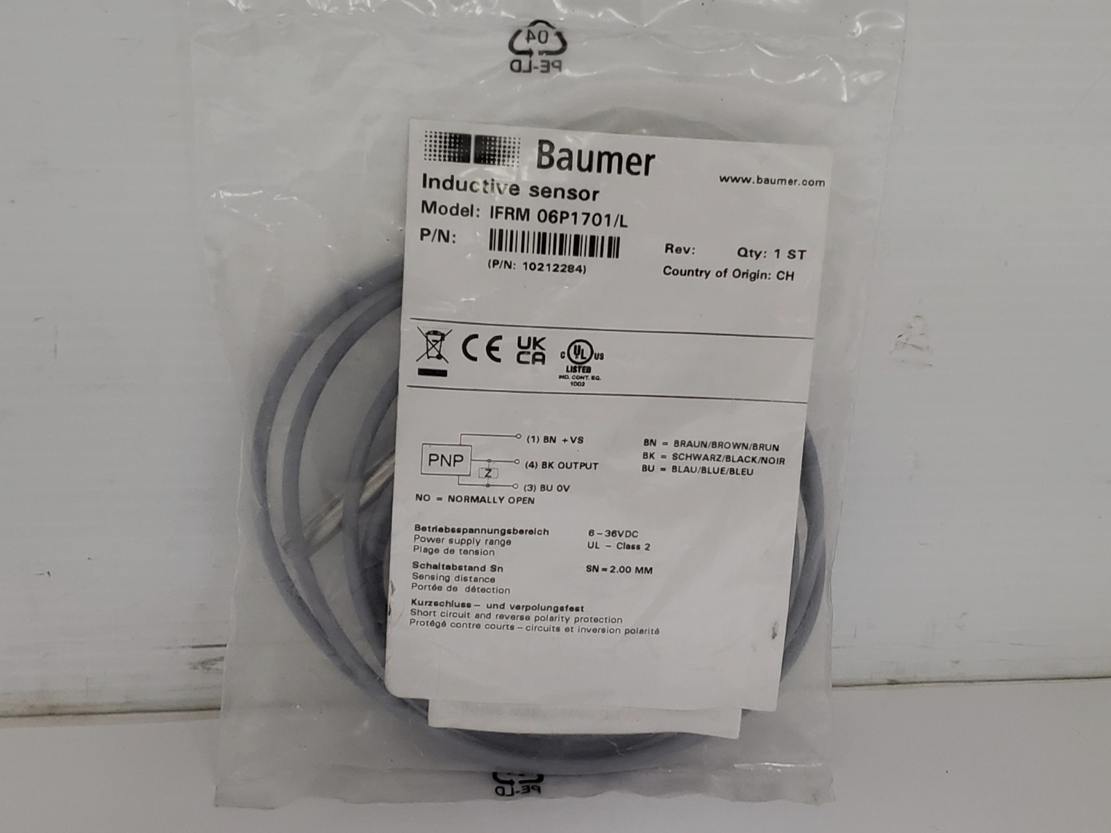 BAUMER IFRM 06P1701/L INDUCTIVE PROXIMITY SENSOR 10-30 VDC PNP NO (10212284) NIB