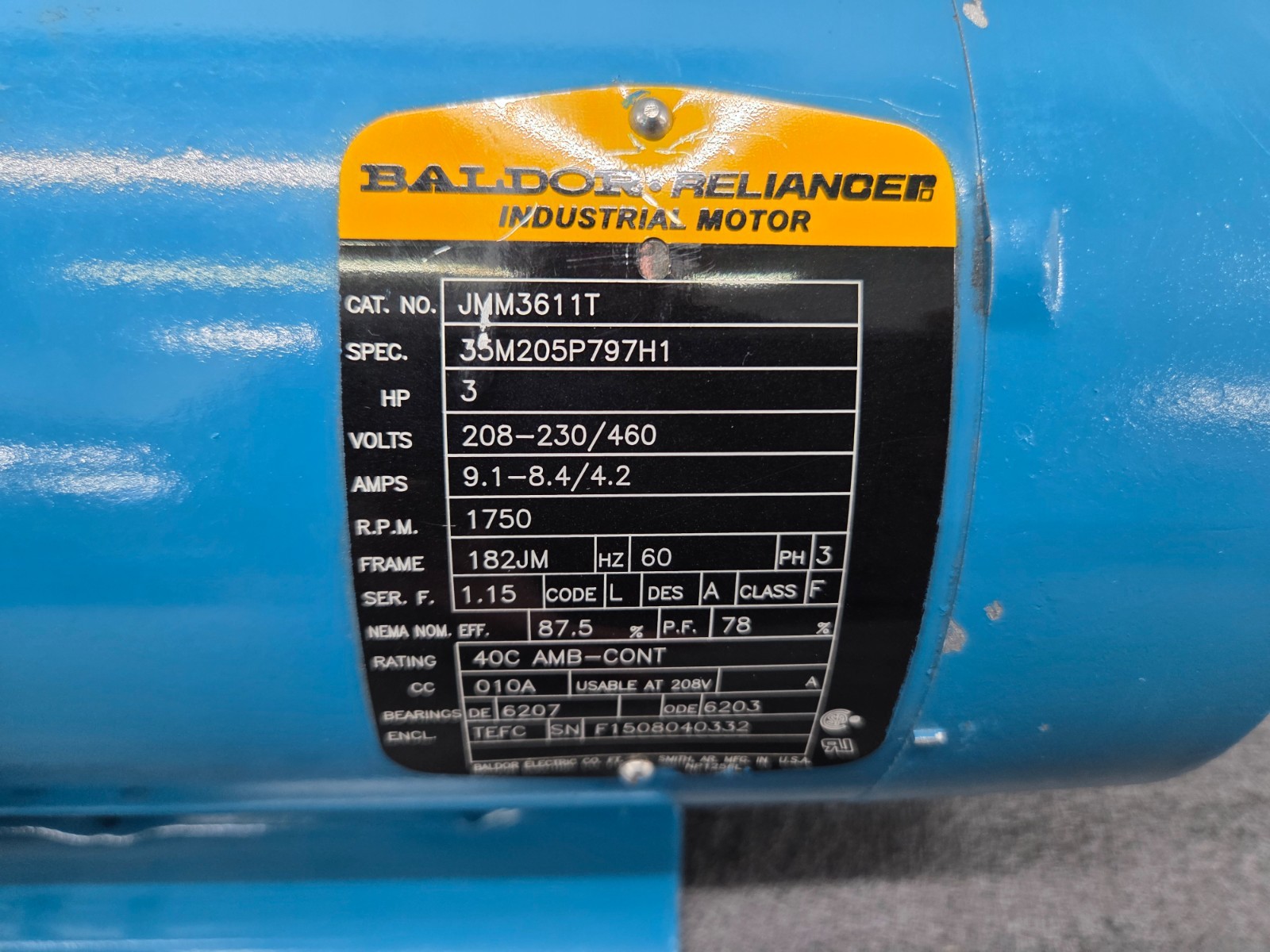 BALDOR Electric Pump Motor, 3 HP, 230/460V, 3 Phase, 1750 RPM, 182JM, JMM3611T