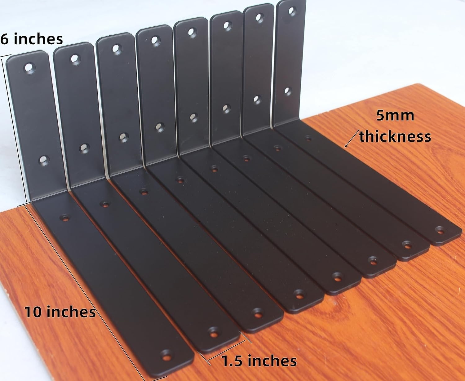 8 Pack – L 10″ X H 6″ X W1.5, 5Mm Thick Black L Shelf Bracket, Iron Shelf Bracke