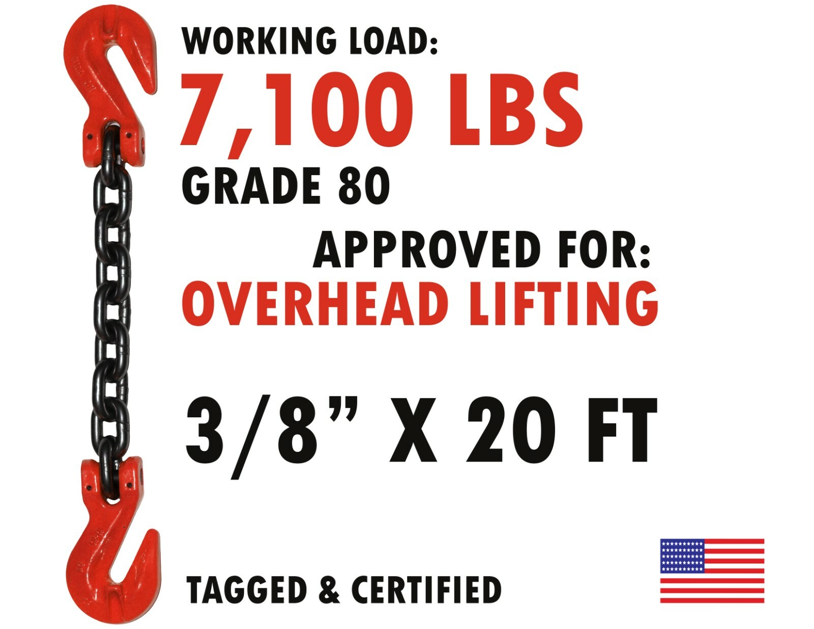 3/8″ x 20′ Lifting Chain Sling SGG Single Leg Grab Hooks Rigging Grade 80