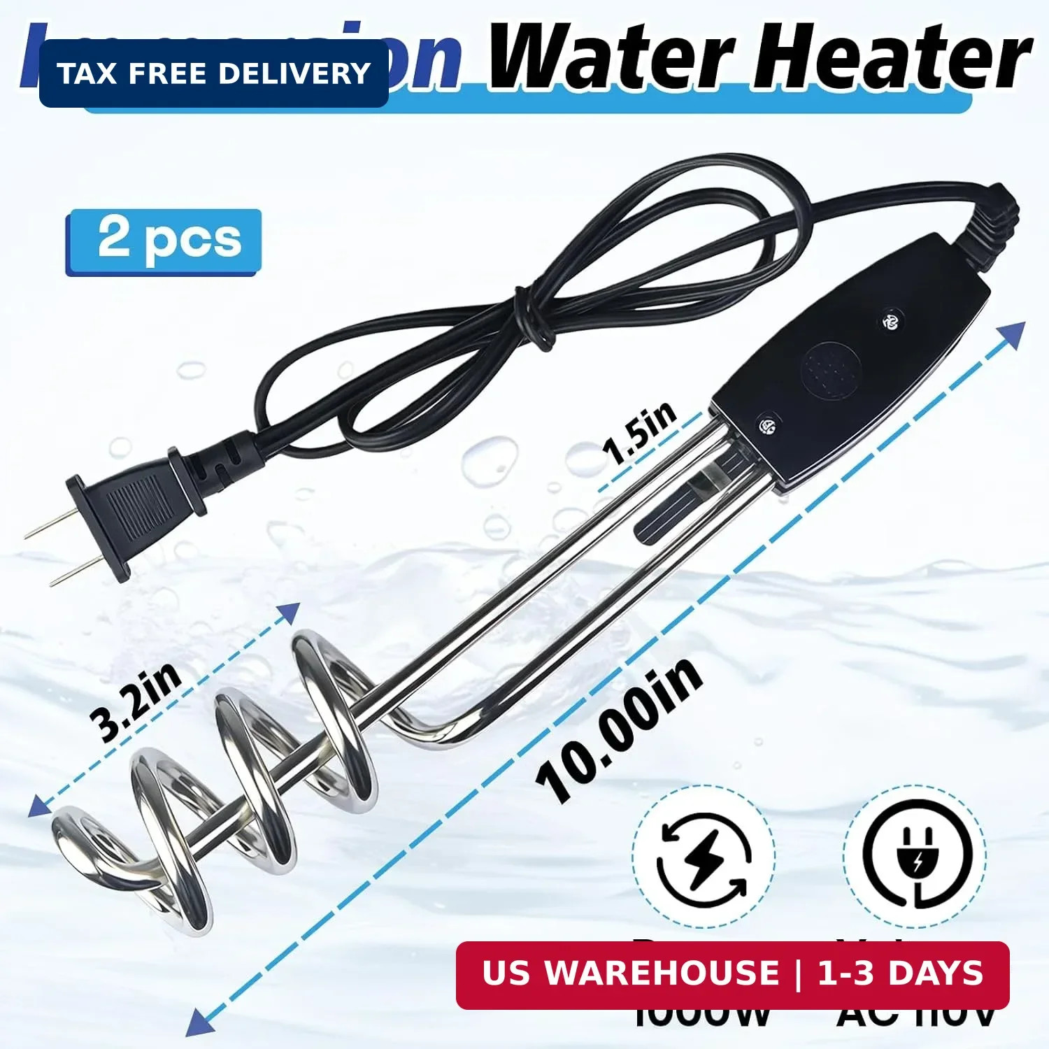 2 Pack 1000W Immersion Water Heater – 110V 10 Inch Submersible Heating Coil for