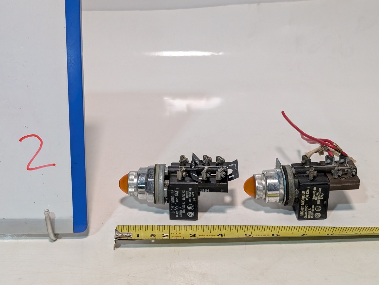 Lot of 2 Square D 9001KM1 amber pilot light modules, 110/120VAC, 30mm, as shown