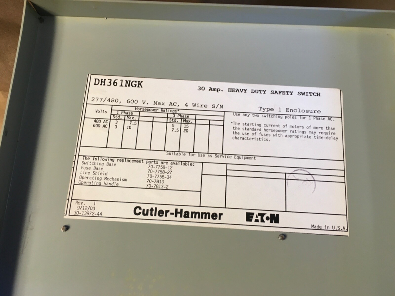 Eaton Cutler Hammer DH361FGK Heavy Duty Safety Switch 30A Type 1 Enclosure (KB)
