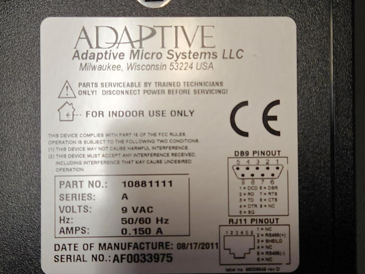 ADAPTIVE MICRO SYSTEMS RS-232/RS-485 CONVERTER Part# 10881111 50/60Hz New