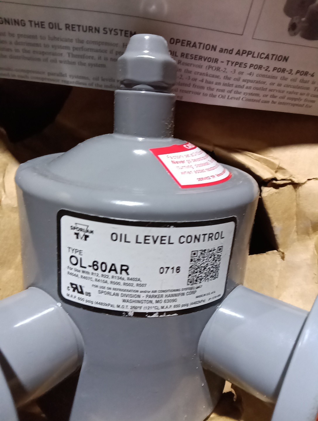 Sporlan 960093 Oil Level Control, 5/90 psi Adjustable w/ Fitting OL60AR OL-60-AR