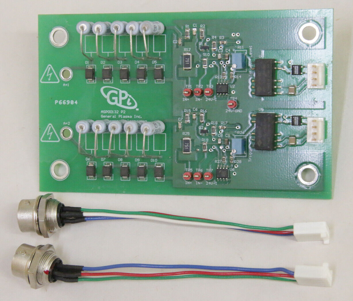 PCB + 2 Leads from GPI General Plasma Inc. ASP00132 P2 – NEW Old Stock Board