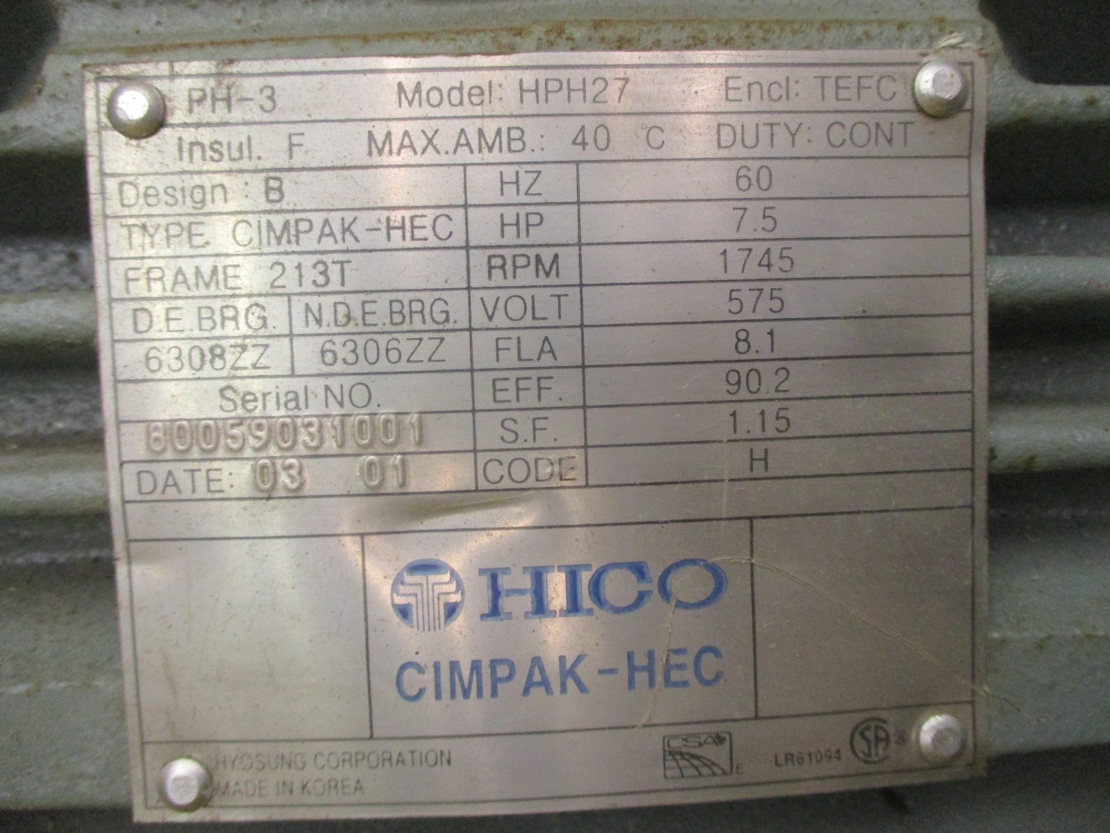 New Open Box HICO CIMPAK-HEC HPH27 3PH 7.5HP 1745RPM 575V 213T Motor 52796PRX