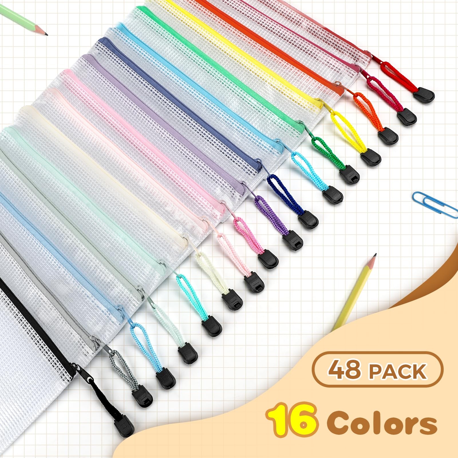 Umriox 48pcs Pencil Pouches, Mesh Bags with Zipper, A6 Size 16 A6-48P, A6-48P