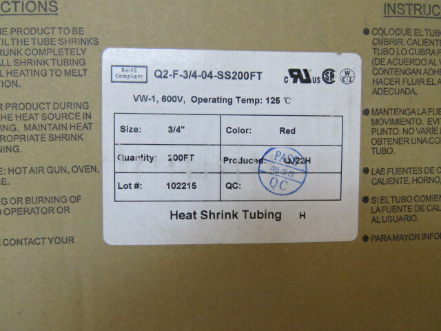 GENERIC Q2-F-3/4-04-SS200FT Qty of 57 per Lot HEAT SHRINK TUBING; 6 H-SRK 0.75