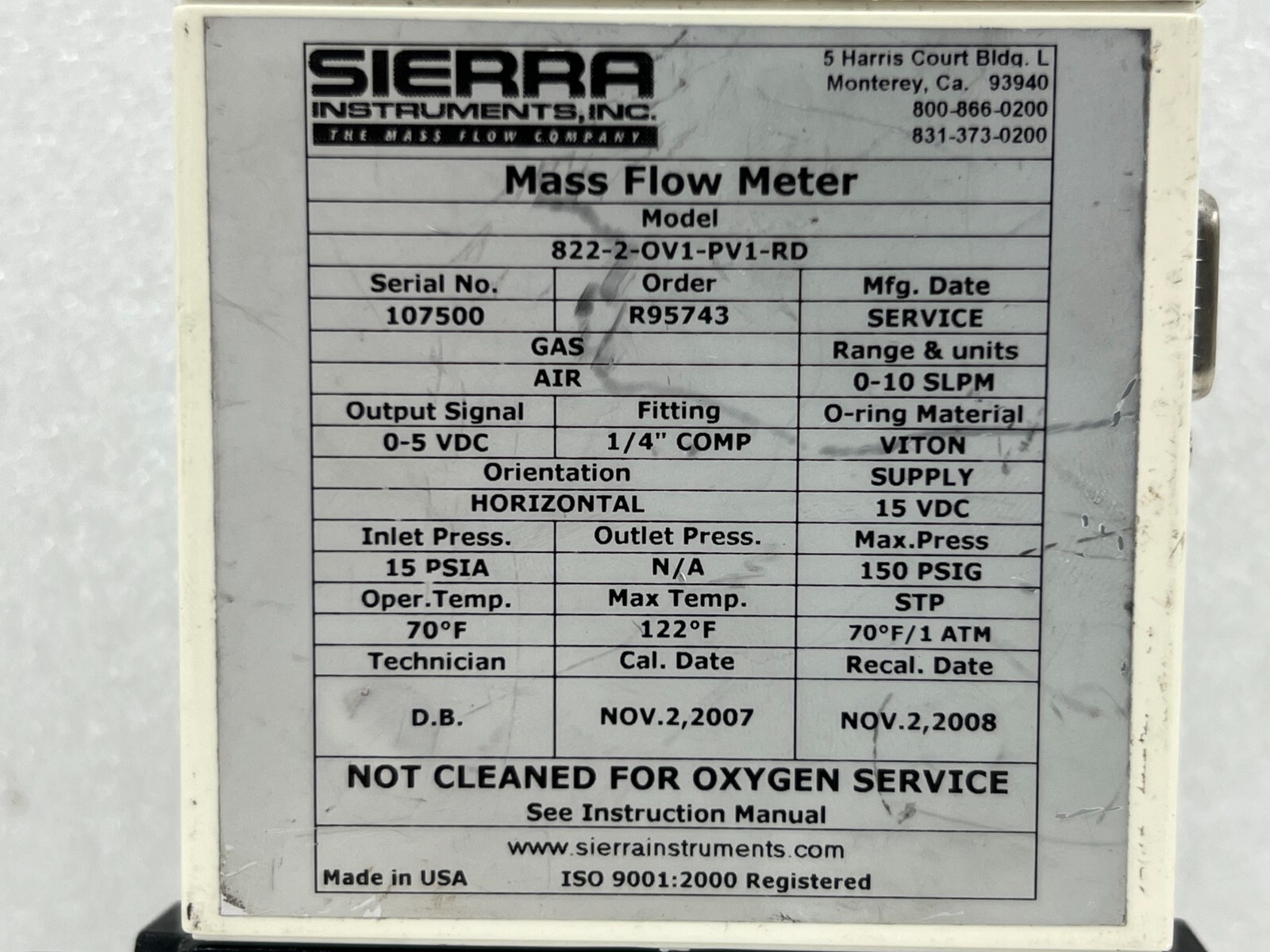 SIERRA INSTRUMENTS 822-2-OV1-PV1-RD TopTrak Mass Flowmeter / Great Condition