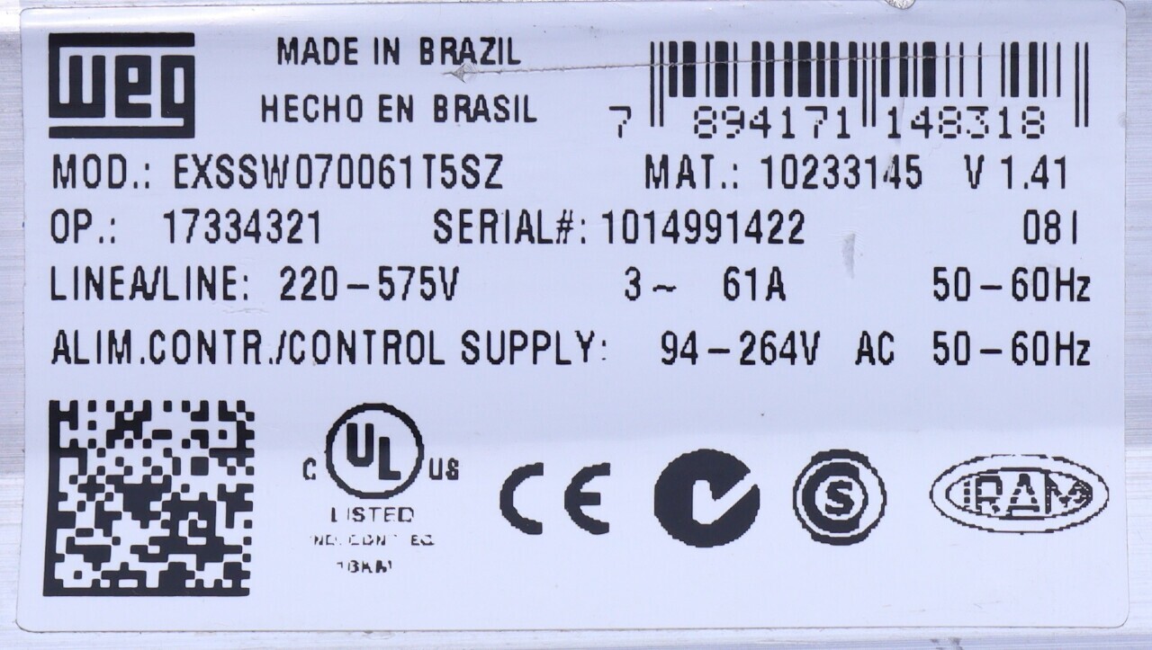 * WEG SSW 07 EXSSW070061T5SZ SOFT-STARTER