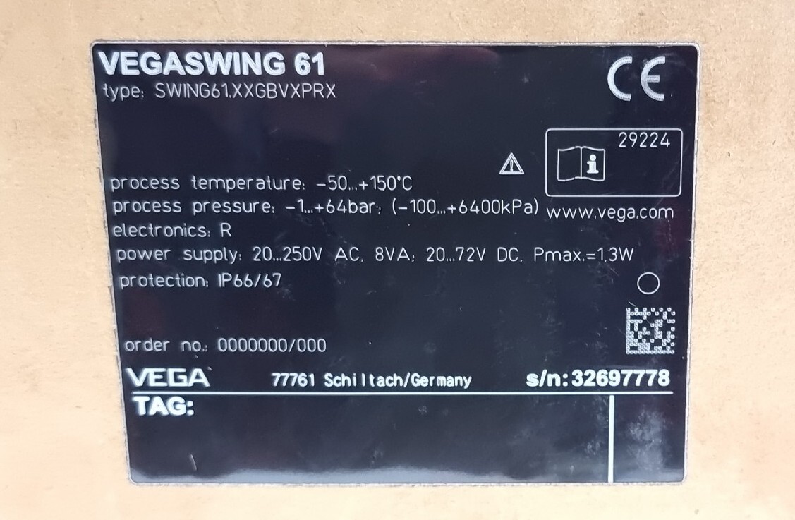 Vega Vibrating Fork Level Sensor VEGASWING61 G3/4 PN64 Process Fitting XXGBVXPRX