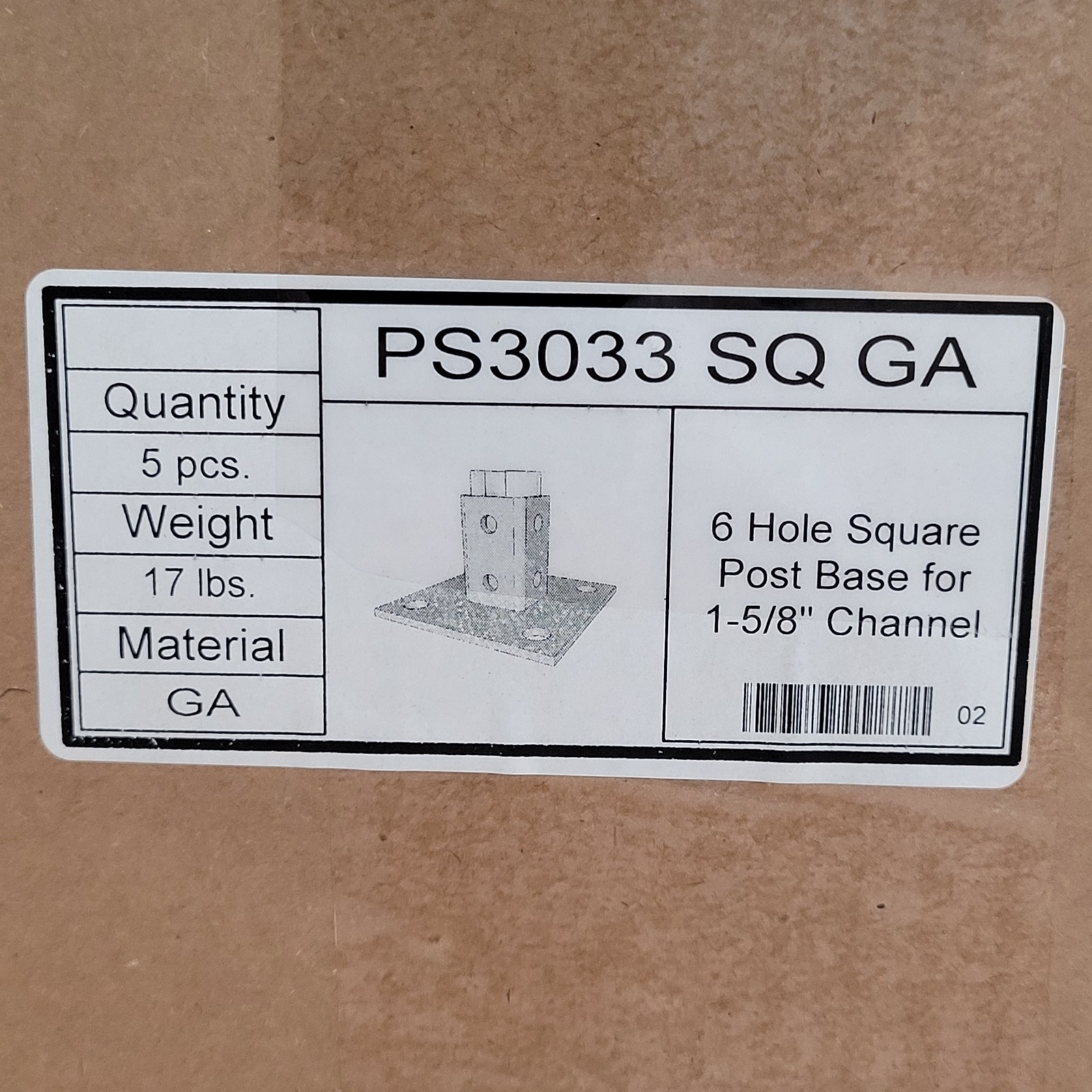 Box of 5 – PS3033 SQ GA 6 Hole Square Post Base For 1-5/8″ Channel – NEW