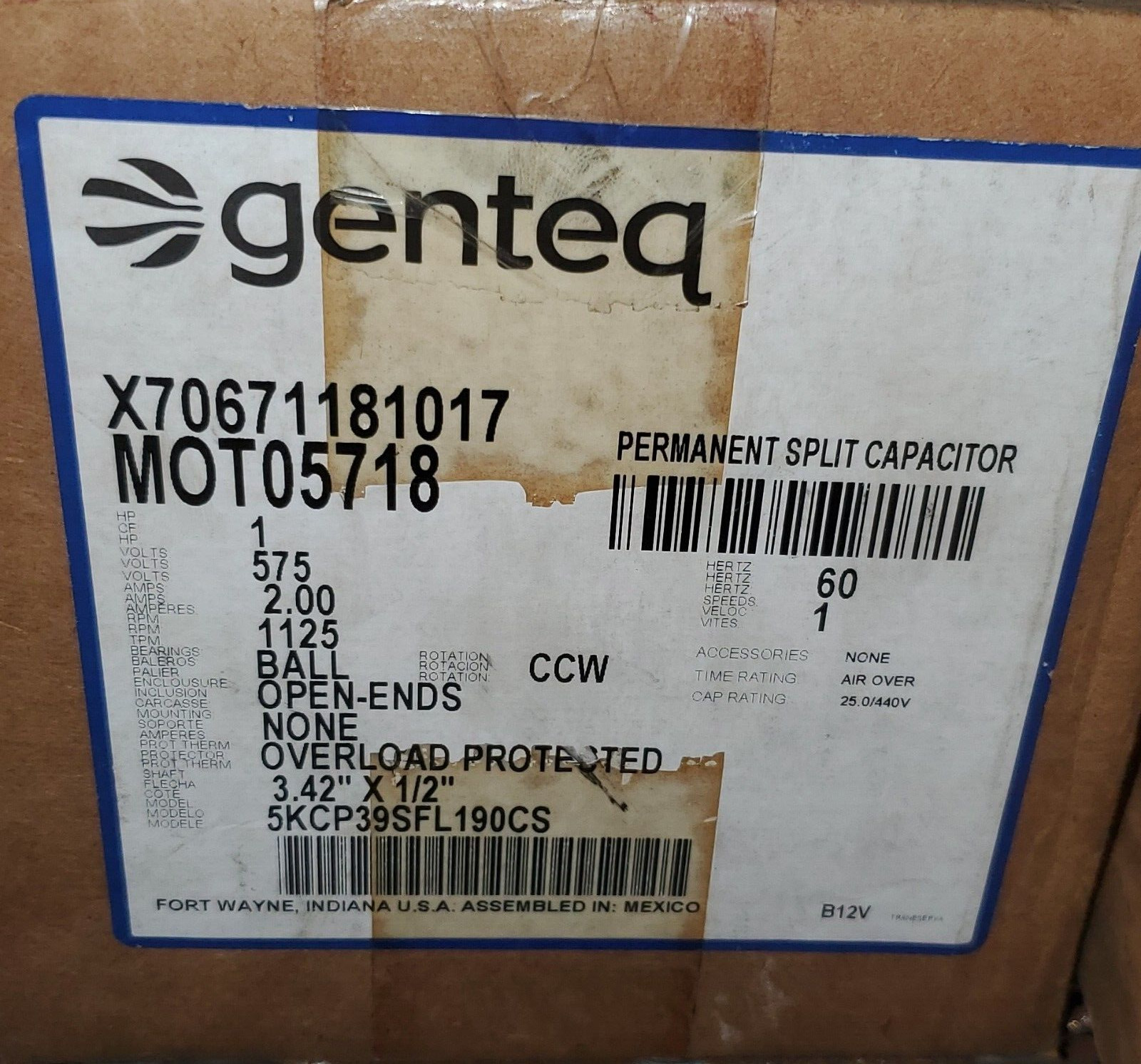 Genteq MOT05718 5KCP39SFL190CS 1Hp 575V 2Amp 1125Rpm Motor