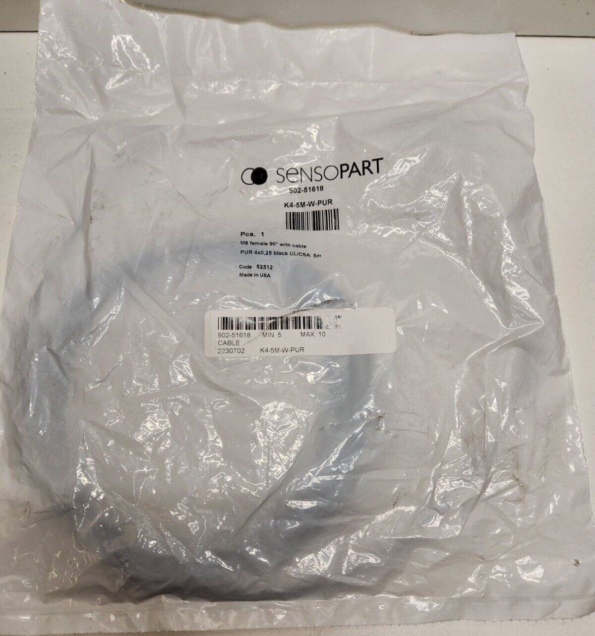 NEW OLD STOCK! SENSOPART 5 METER M8 FEMALE 90 DEG CABLE 902-51618 K4-5M-W-PUR
