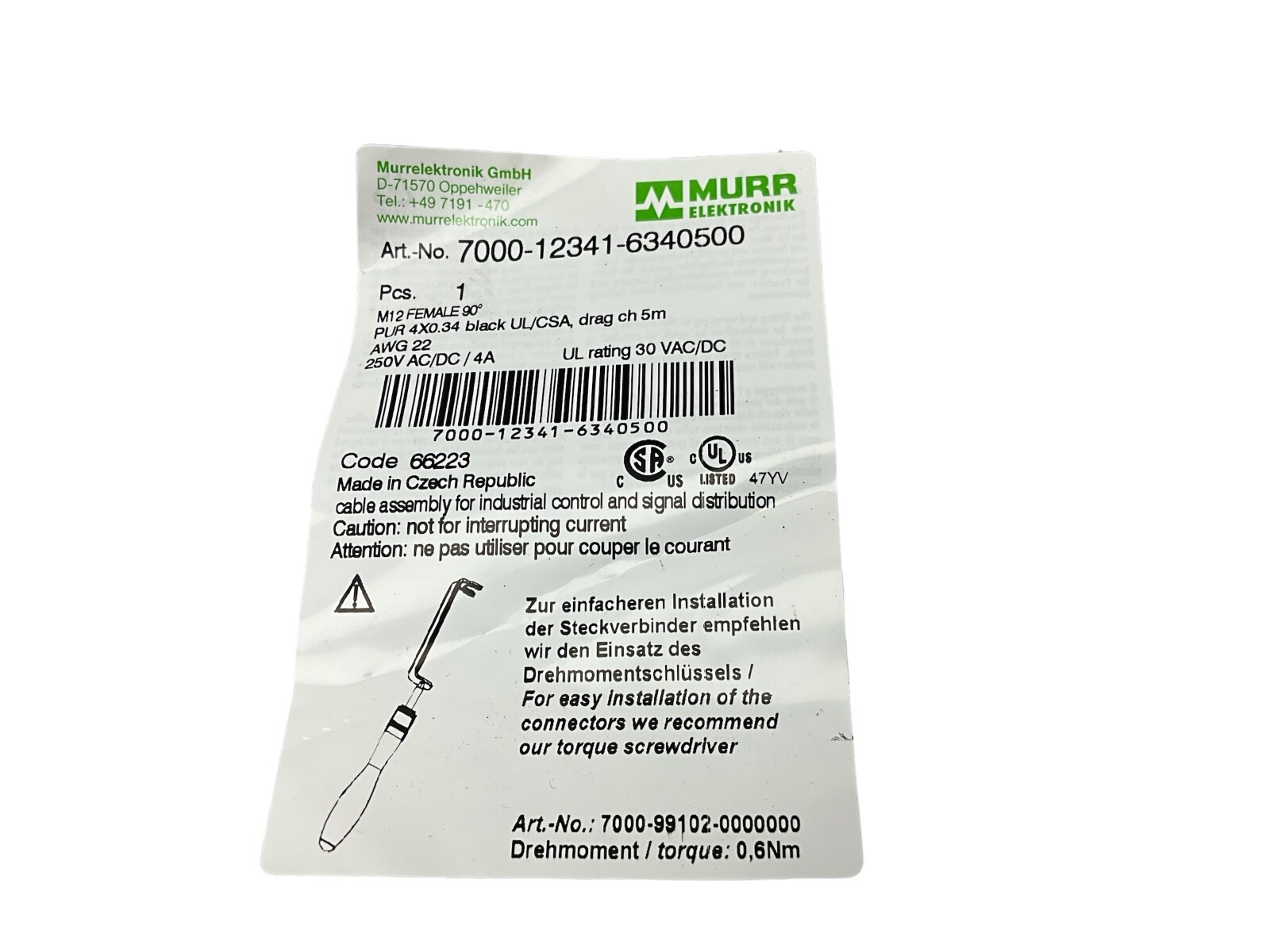 Murr Electronik 7000-12341-6340500 M12 female 90° A-cod. with cable PUR 4×0.34