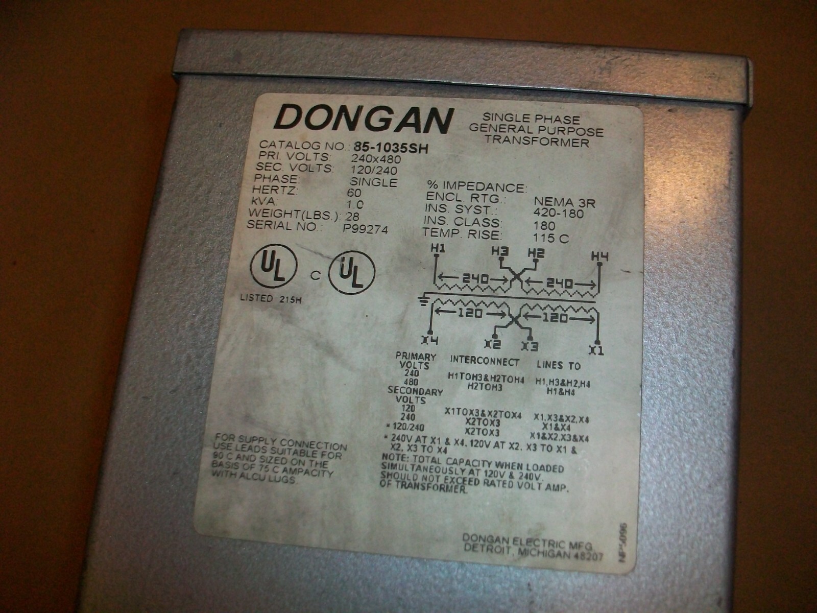 Dongan 85-1035SH Single Phase General Purpose Transformer 1.0 kva USED