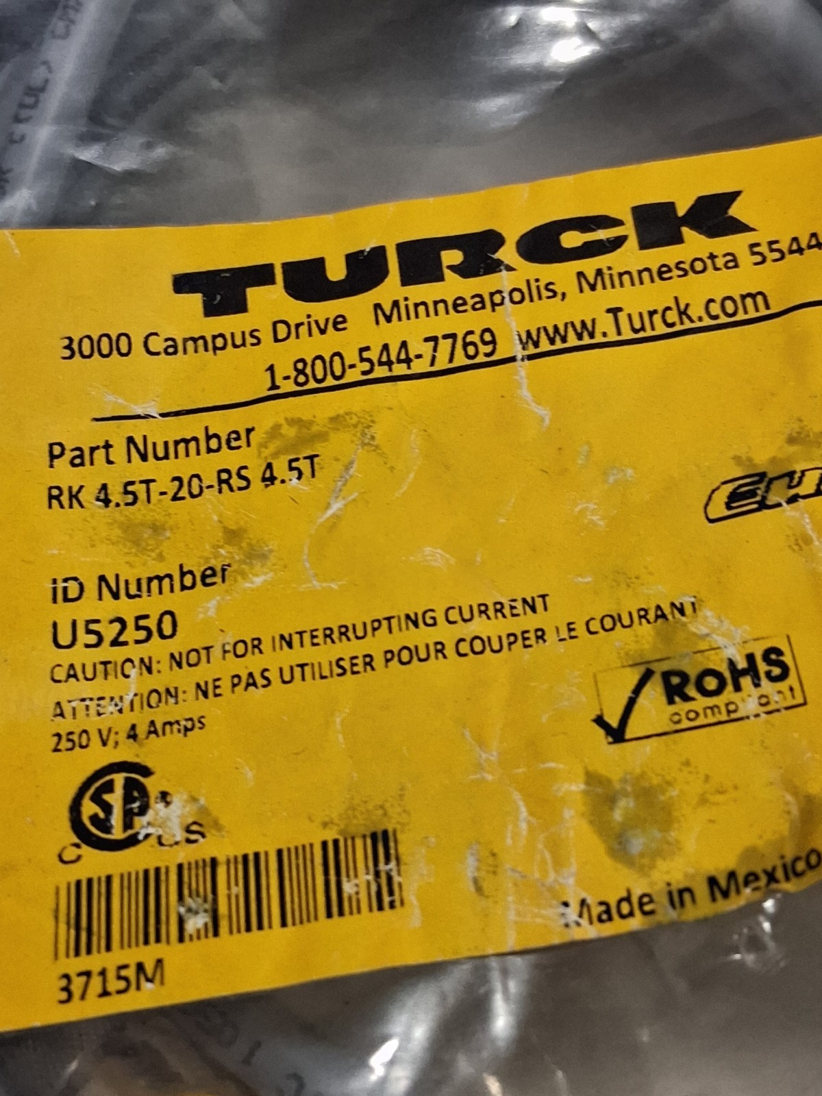 TURCK RK 4.5T-20-RS 4.5T (U5250) CORDSET EUROFAST 250V 4 AMPS 5 PIN MALE/FEM NIB