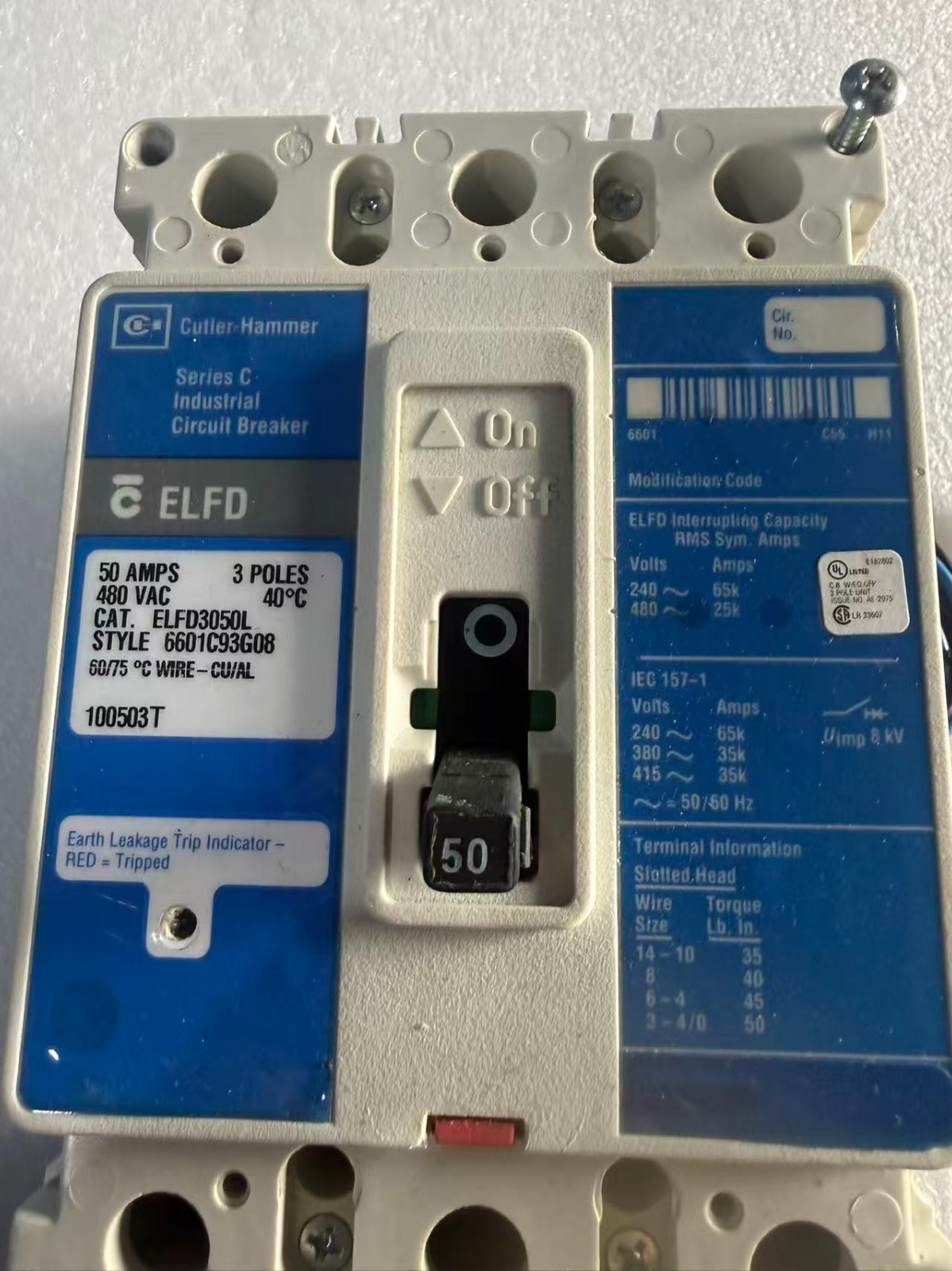 ELFD ELFD3050L 480V 50AMPS 3 POLES CIRCUIT BREAKER