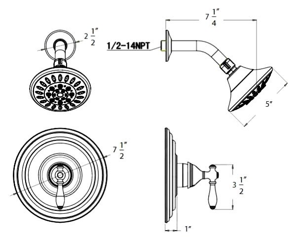 Huntington Brass P6161201 5″ Showerhead 1.5 GPM Replacement 7-1/4″ Rough-In