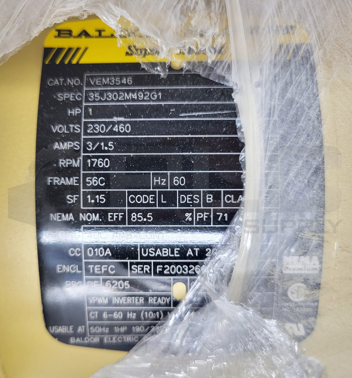 NEW BALDOR VEM3546 MOTOR 1HP 3PH 1760RPM FR: 56C Spec: 35J302M492G1 NSMP