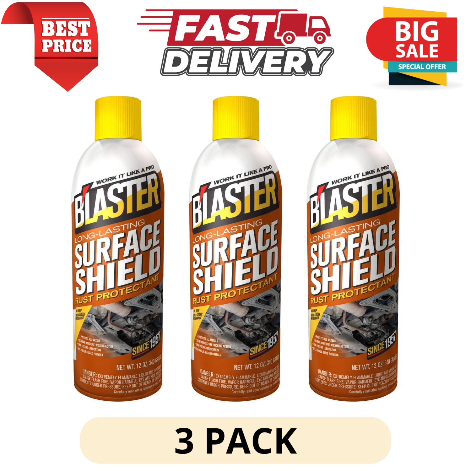 (3 Pack) Blaster Surface Shield Rust Protectant Lubricant Spray 12 Oz Corrosion